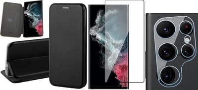 Hoesje geschikt voor Samsung Galaxy S22 Ultra - Book Case Kunstlederen Wallet Cover Minimalistisch Pasjeshouder Hoes Zwart - Full Tempered Glass Screenprotector - Camera Lens Protector