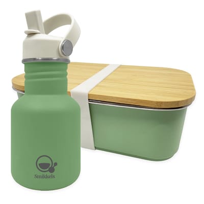 Smikkels - RVS lunchbox met drinkfles kind - Groen - 304 RVS (18/8) - Lunchset Broodtrommel en Schoolbeker - Basisschool