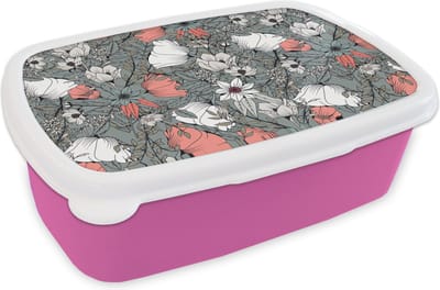 Broodtrommel Roze - Lunchbox - Brooddoos - Klaproos - Schets - Vintage - 18x12x6 cm - Kinderen - Meisje