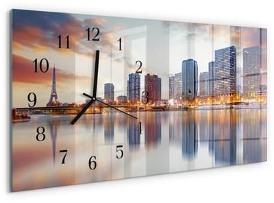 Tulup Wandklok - Parijs in de avond Gekleurde Glazen Klok - 60x30 cm - Oranje Glazen Klok Met Print - Zwarte Handen - Rechthoekige Wandklok - Glazen Klok Met Print - Wandklok Glas Met Motief