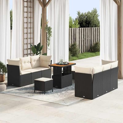vidaXL - Tuinbank - Set - met - kussen - 9 - pcs - Zwart - en - Crème - poly - rattan