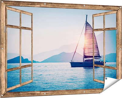Gards Tuinposter Doorkijk Zeilboot bij Zonsondergang - 150x100 cm - Tuindoek - Tuindecoratie - Wanddecoratie buiten - Tuinschilderij