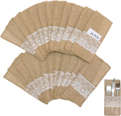 SnelShoppen - 24 Stuks Jute Bestekzakken met Kant, Herbruikbare Tafeldecoratie voor Feest, Bruiloft, Verjaardag, Kerst, 21 x 11 cm