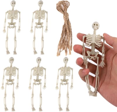 Dailygoods- Skelet Decoratie - 6 Mini Skelet Beeldjes - 14cm Realistisch - Halloween Decoraties - Kunststof - Beige Henneptouw