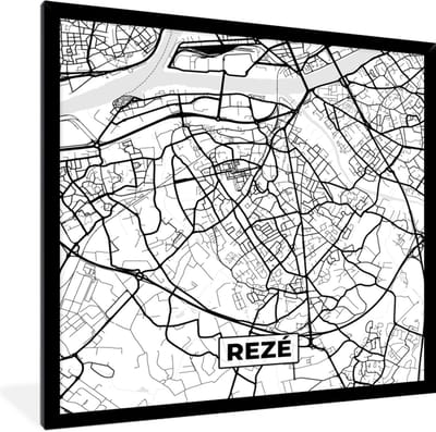 Fotolijst incl. Poster Zwart Wit- Stadskaart - Frankrijk - Kaart - Plattegrond - Rezé - Zwart wit - 40x40 cm - Posterlijst