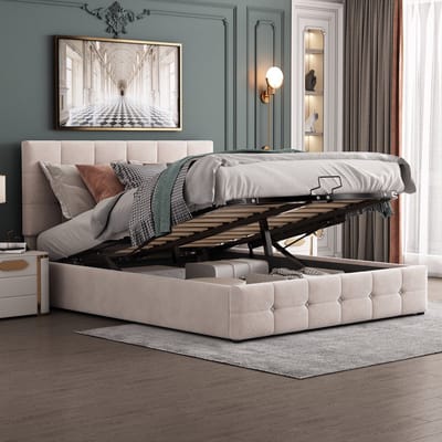 Sweiko Gestoffeerd bed 140X200cm, Tweepersoonsbed met opslagruimte van hydraulisch liftbed, in hoogte verstelbaar Gestoffeerd hoofdeinde, metaal Vlakke noedels grille, huidvriendelijke fluwelen stof dubbele laag volwassen jeugdbed Melkwit