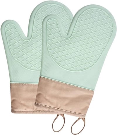 Handschoenen - Set van 2 hittebestendige siliconen handschoenen - Hittebestendig tot 260 °C, antislip en waterdicht | Mintgroen en beige - Geschikt voor in de keuken, bij het bakken en grillen