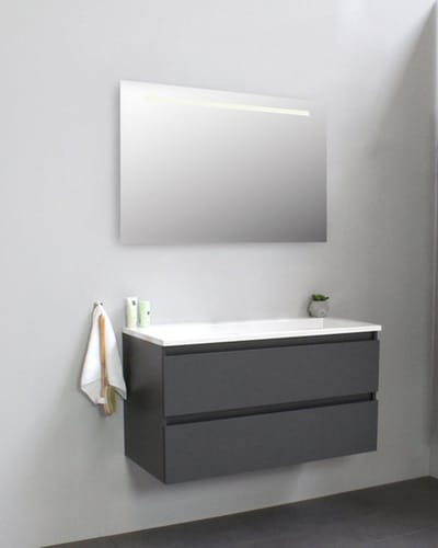 Adema Bella badmeubel met acryl wastafel zonder kraangat met spiegel met licht 100x55x46cm Antraciet mat