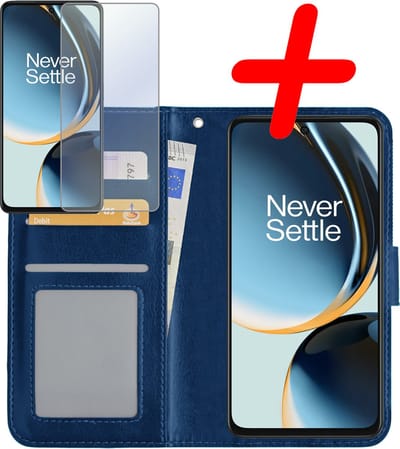 Hoesje Met Screenprotector - Geschikt voor OnePlus Nord CE 3 Lite - Luxe Pasjeshouder - Bookcase Portemonee - Flip Case - Kunstleer Book Case - Flipcase - Book Cover - Walletcase - Portemonneehoes - Donkerblauw