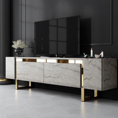 Asir - TV-standaard - Travertijn, Goud - 100% met melamine gecoat spaanplaat - 35 x 180 x 10 cm