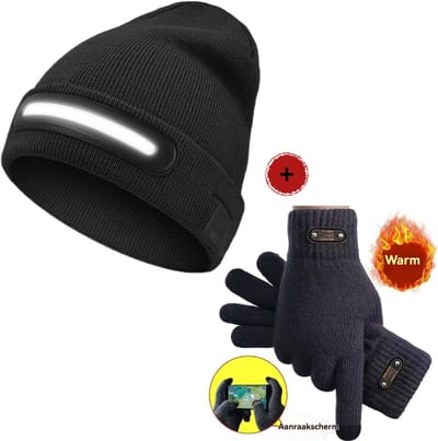 LED Muts – Wintermuts met Oplaadbare- Bluetooth playback-One size -Hoofdlamp – 3 Lichtstanden – USB Oplaadbaar – Ideaal voor Joggen, Wandelen, Hond Uitlaten & Outdoor -Zwarte Beanie-Handschoenen