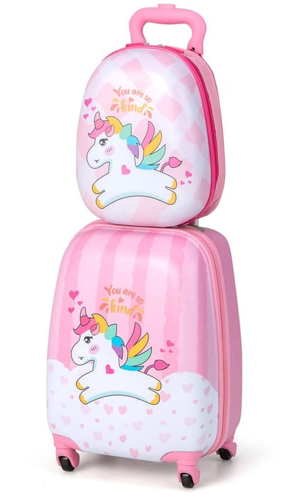 COSTWAY kinderkoffer, Roze eenhoorns, 12"+16", kinderkoffer