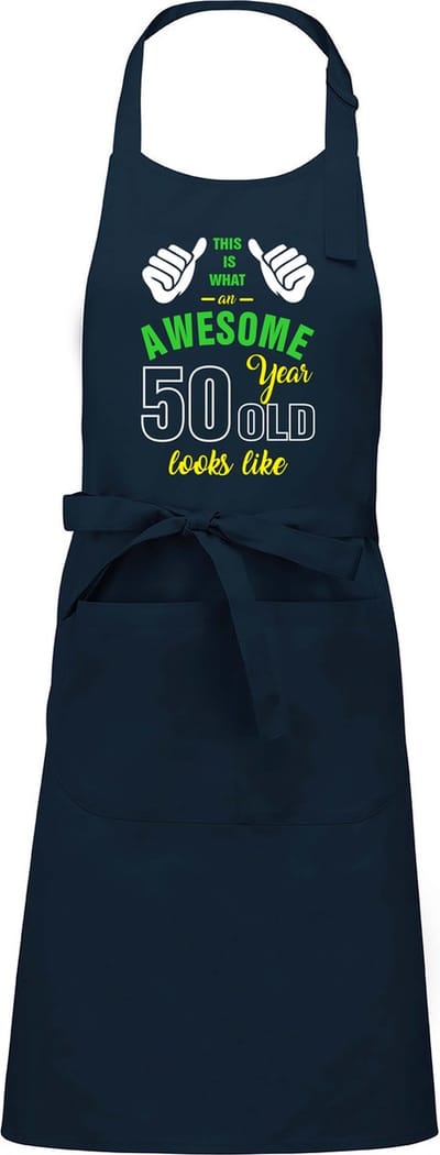 Leeftijd cadeau - Luxe keukenschort - BBQ schort - verjaardag - sarah - abraham  - Awesome 50 jaar - navy blauw