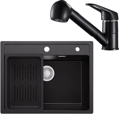 Anycee Max Granieten Spoelbak 60x46CM - Spoelbak Keuken Met Keukenkraan - Enkele spoelbakken Met Afdruiprek en Sifon - Afvoer en Overloopset