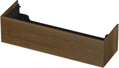 INK wastafelonderkast 1 lade greeploos push to open echt hout met horizontaal gefreesd front 140x45x38cm, massief eiken ash grey