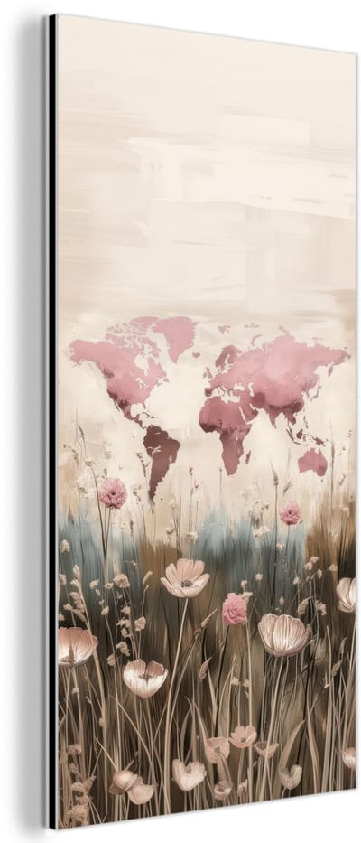 Aluminium schilderij 80x160 cm - Wanddecoratie metaal - Wereldkaart - Roze - Bloemen - Metalen muurdecoratie woonkamer - Decoratie industrieel - Foto op dibond - Industriële accessoires slaapkamer