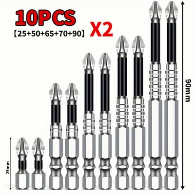 K5 slagvaste magnetische schroevendraaierbitset - Phillips-kop voor elektrische boormachine en schroevendraaier - hoge hardheid - schroevendraaierbit - Phillips-kop - schroevendraaier - 10 stuks [25+50+65+70+90] x 2