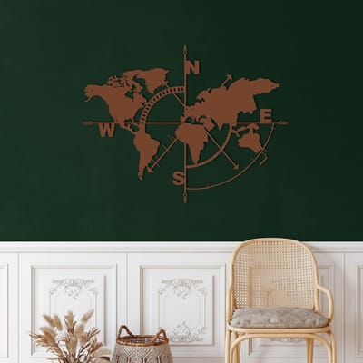 Metalen Wereldkaart - Wanddecoratie Kompas - Woonkamer Decoratie - Zwevend Effect - 98x75cm - Brons