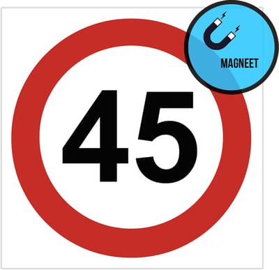 Pictogram/ magneet | Maximaal 45 km/ u | 15 x 15 cm | Auto zonder rijbewijs | Gemakkelijk te verwijderen | Invalide | Snelheidsbeperking | Dikte: 0,8 mm | 1 stuk