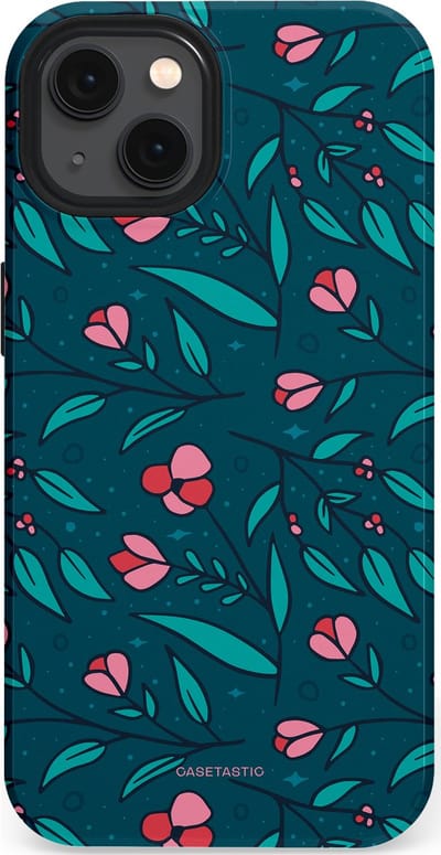 Casetastic hoesje geschikt voor Apple iPhone 13 - MagSafe - Dubbellaagse bescherming - Blauwe Groene Bloemenpracht - Fashion Case - Petrol Donkergrijs