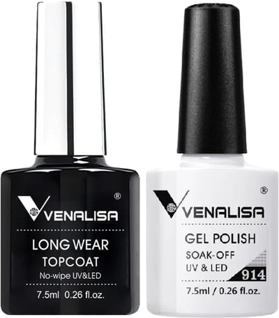 Venalisa Long Wear Top Coat en Witte UV Gellak Set - 15 ml (2x 7.5 ml) - Gellak Starterspakket - Gellak Top Coat - Gellak Wit - Gellak Set - Venalisa Gellak - Gellak Nagellak