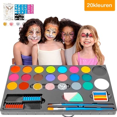 Schminkset Kinderen -Make up Kinderen - Grime Schmink palet - Kinderschmink Grimeren-20 kleuren & 3 penselen & 4 sjablonen & 2 haarkrijten & 3 glitters & 2 spons & 1 Rainbow Paint & 2 tattoostickers- veiligheidscertificering