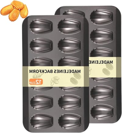 Set van 2 Madeleine Bakvormen 40 x 22,5 cm, Carbon Staal, 12 Schelpvormpjes, Antiaanbaklaag, Ideaal voor het Bakken van Suikerkoekjes en Shortbread
