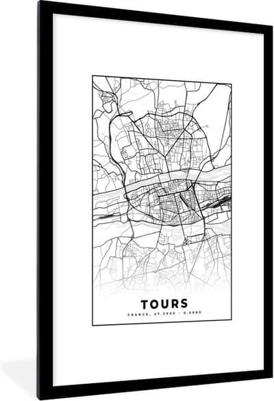Fotolijst incl. Poster Zwart Wit- Stadskaart - Tours - Plattegrond - Kaart - Frankrijk - Zwart wit - 80x120 cm - Posterlijst
