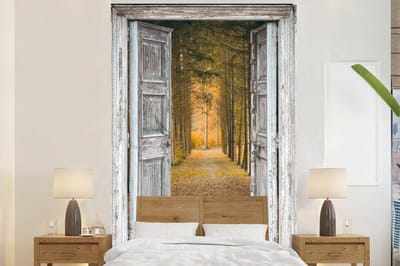 Behang - Fotobehang Bos - Herfst - Doorkijk - Breedte 200 cm x hoogte 300 cm