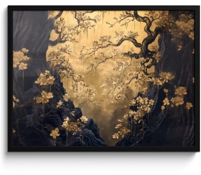 Poster in lijst - Fotolijst 70x50 cm - Posters - Bloemen - Takken - Goud - Sierlijk - Posterlijst zwart - Decoratie - Wanddecoratie woonkamer - Muurdecoratie slaapkamer