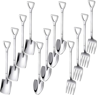 12 stuks roestvrijstalen spatlepels, lepel, vorkset, creatieve dessertlepel, koffielepel, ijsdessertlepel, taartvorken, schepvormig roergereedschap, espressolepel voor feest, restaurant