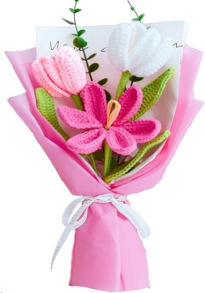 Gehaakte Tulpen - Gebreid Boeket - Decoratie Cadeau - Handgemaakt Uniek - 31 cm Hoog - Rood Wit