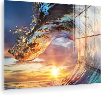 MuchoWow® Glasschilderij 160x120 cm - Schilderij acrylglas - Zee - Zon - Kleuren - Foto op glas - Muurdecoratie woonkamer - Wanddecoratie slaapkamer - Schilderijen