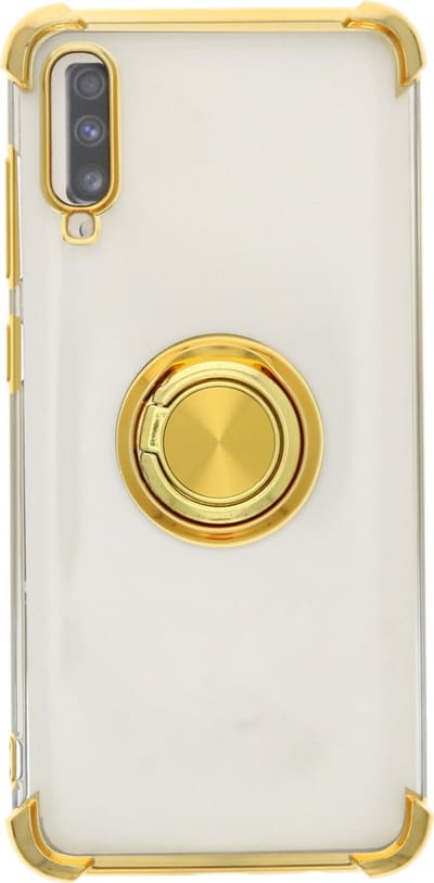 Hoesje Geschikt Voor Samsung Galaxy A70 hoesje silicone met ringhouder Back Cover Case - Transparant/Goud