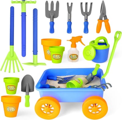 Kinder Tuingereedschap Speelset met Kruiwagen - 10 Accessoires en 4 Plantenpotten - Buitenspeelgoed voor Kinderen voor Tuinieren en Rollenspel