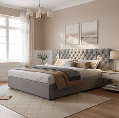 MEUNIQ tweepersoons bed 180 x 200 cm met hydraulische opbergruimte, gestoffeerd hoofdbord, leeslampen en lattenbodem, grijs bedframe voor slaapkamer
