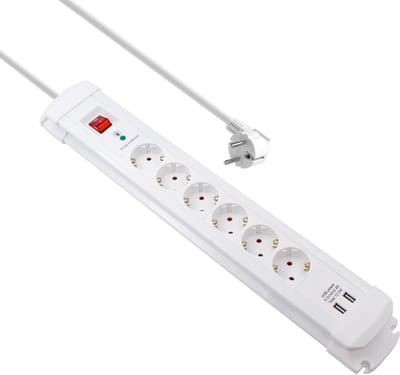 Stekkerdoos - 6 voudig - 2x USB - Aan/uit schakelaar - 2 meter - Wit - Allteq