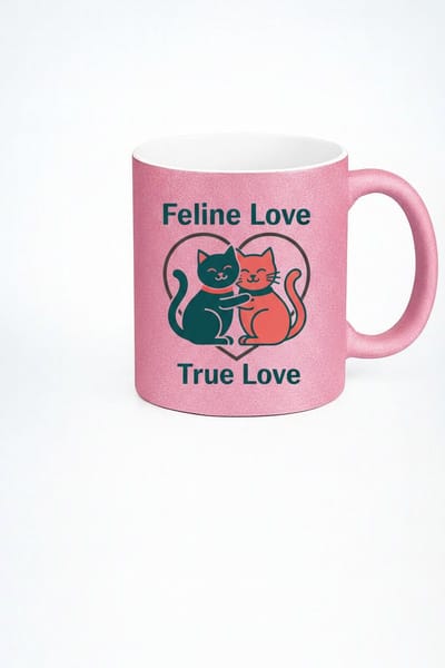 Roze Glitter Mok "Feline Love True Love" met Liefdevolle Katten - Cadeau Dierenliefhebber