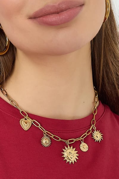 Schakelketting met zon en hart schakels - Stainless Steel - Goudkleurig - Statement Ketting