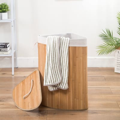 Grote Hoek Bamboe Wasmand met deksel - 100 L - Wasmand 1 Vak met stoffen waszak - Opvouwbaar - Wassorteerder Rond