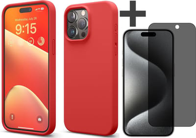 Hoesje met Privacy Screenprotector Geschikt voor iPhone 15 Pro Max Hoesje Siliconen - liquid case - Arara Backcover - Rood