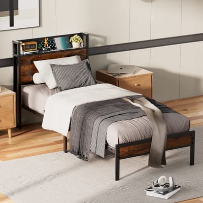KUTAS Metalen Bedframe - Eenpersoonsbed 90x200 cm - Heavy Duty Metalen Bedframe - Met LED Verlichting - Stopcontacten - USB Poorten - Type C - Hoofdbord met Opbergruimte - Minimalistisch Bedframe - Stevig - Stil - Anti Slip