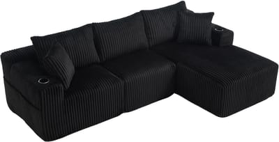 REDOM Modulaire Bank - Chaise Longue & Modulaire Opstelling - Corduroy Stof - Zwart - 257x160x62 cm