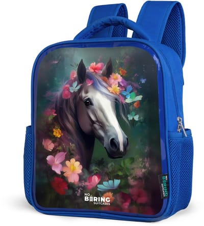 NoBoringSuitcases.com® - Rugzak blauw - Schooltas jongens - Paard - Wit - Kleurrijk - Bloemen - Kinder rugtas jongen - Boekentas kind - Kinderrugzak voor school - Schoolrugzak
