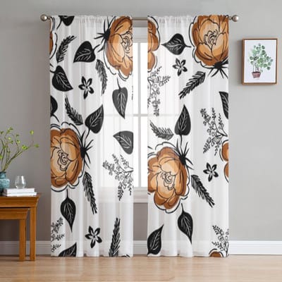 Exotisch Handgetekend Met Tropische Bloemen Tule Gordijnen Voor Woonkamer Keuken Raam Gordijnen Huis Transparant Gordijn Voor Slaapkamer 135W x 114H(cm) white