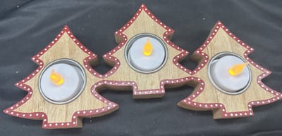 Decoratieve Kerst theelichthouder "Kerst bomen" - hout - set van 3 theelichthouders aan elkaar - hoogte 14 x 28 x 3 cm - meerkleurig - exclusief theelichtjes - Woonaccessoires - Decoratieve theelichthouders - Kerst accessoires