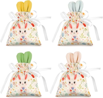 Set van 4 Paaszakken met Konijnenoren voor Kinderen, Perfect voor Paasmanden en Cadeaus, Ideaal voor Nest Maken en Vullen