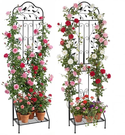 COSTWAY Set van 2 metalen hekwerk, 3-in-1 decoratief tuinhek, bloemenrek en plantensteun, vrijstaande klimhulp met sokkel, hekwerk voor tuin, klimlatwerk voor klimplanten, bloemen, groenten (zwart)