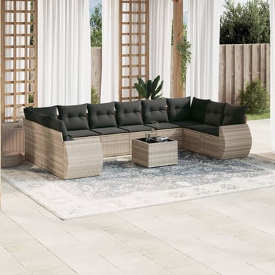 vidaXL - 11-delige - Loungeset - met - kussens - poly - rattan - lichtgrijs