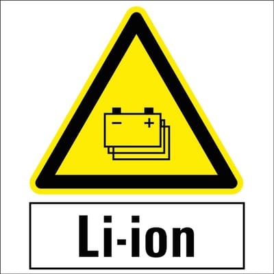 Pas op gestapelde batterijen sticker met tekst LI-ION 100 x 100 mm